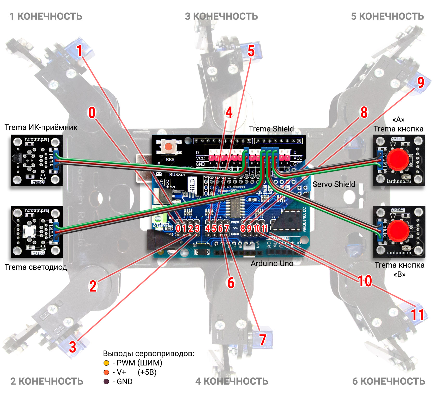 Схема паука на Arduino Uno - Hexapod Схема паука на Arduino Uno - Hexapod